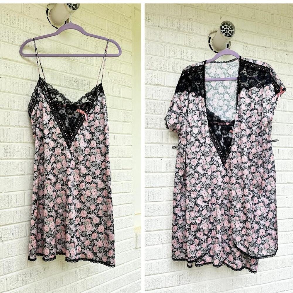Vintage 90s Dixie Belle Black Pink Floral Slip Dress & Robe Set